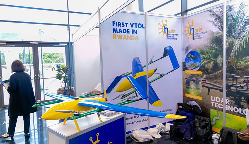 The first Made in Rwanda drone on display at Kigali Convention Centre during the ongoing African Drone Forum. The drone has been developed by local company Charis. / Emmanuel Kwizera 