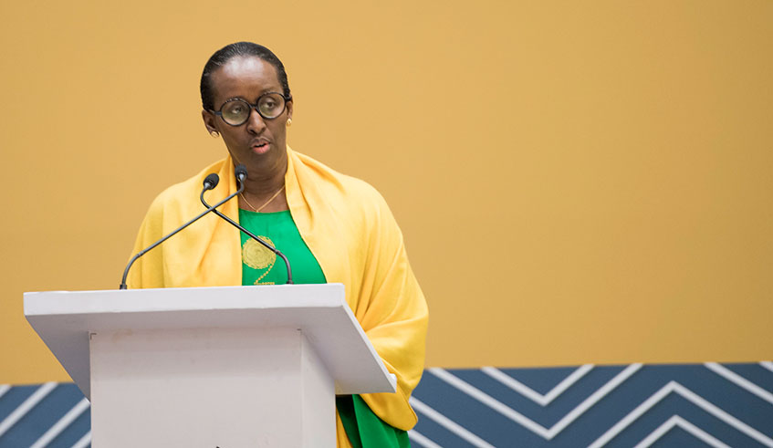 First Lady Jeannette Kagame speaking at the National Prayer Breakfast in Kigali on January 12, 2020. She is currently in Washington DC for the 68th US Prayer Breakfast. (Courtesy)