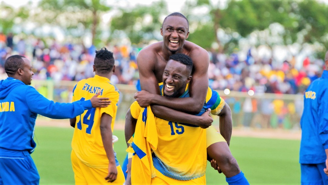 Ernest Sugira (shirtless) scored both goals as Rwanda saw off Ethiopia 2-1 on aggregate to qualify for the CHAN 2020 finals tournament last October. Photo: 