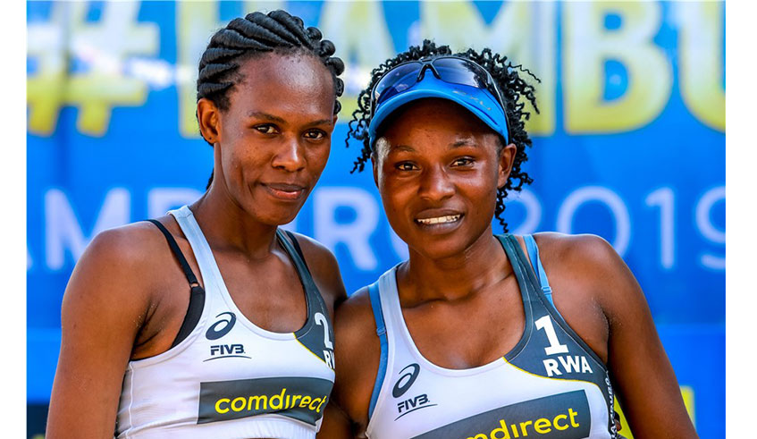 Judith Hakizimana (L) and Charlotte Nzayisenga have been teammates in both beach volleyball and indoor volleyball since 2014. /Net photos.