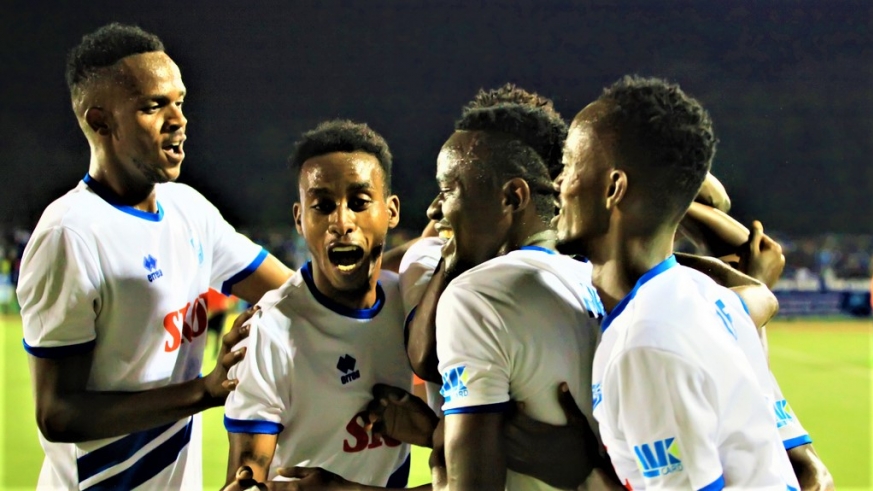 Rayon Sports players celebrate after thumping Marines 6-1 in a league match at Kigali Stadium on Wednesday, November 6, 2019. 