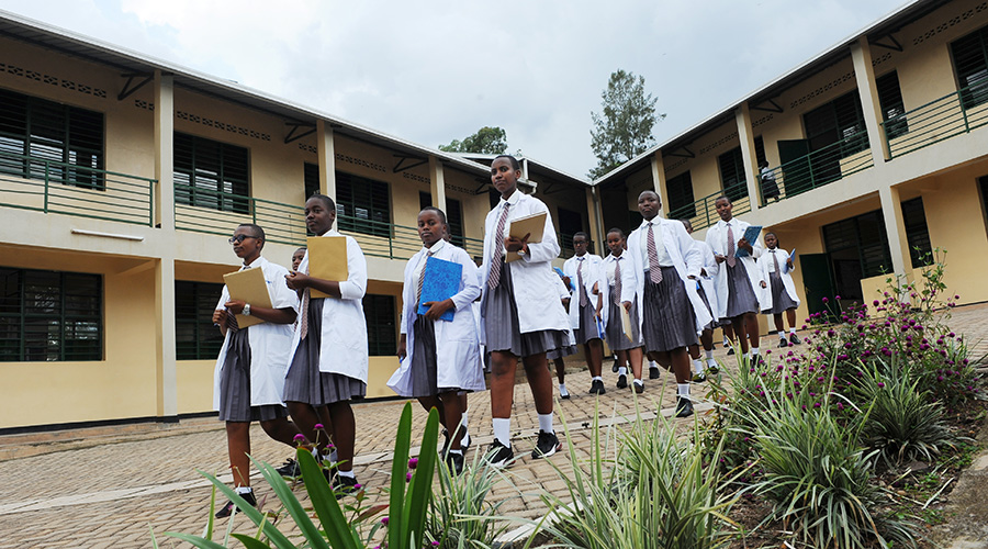 Students at FAWE Girls School in Gasabo District make their way to their science lab. A lot of investment has been put in building the necessary infrastructure to ensure quality education. / Courtesy