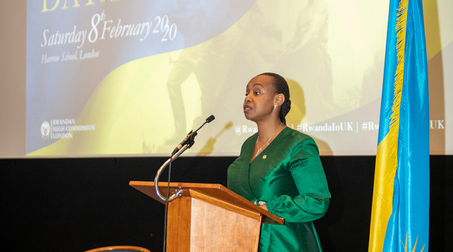 Yamina Karitanyi, Rwandaâ€™s High Commissioner to the UK, delivers her remarks during the event to celebrate Heroesâ€™ Day in London on Saturday.