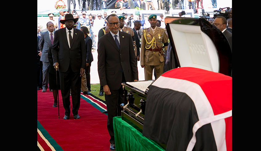 President Paul Kagame pays his last respects to former Kenyan president Daniel Toroitich arap Moi at Nyayo Stadium in Nairobi on Tuesday. Moi, who led his country for 24 years, passed away on February 4 aged 95. /  Photo: Village Urugwiro.