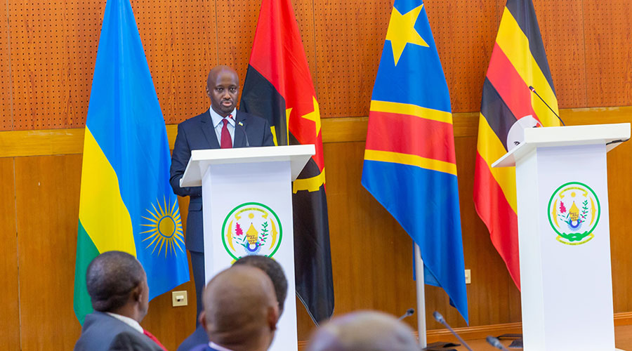 Amb Olivier Nduhungirehe, the Minister of State for EAC Affairs speaks during the third meeting of the Ad Hoc Commission on the implementation of the Luanda Memorandum of Understanding between Uganda and Rwanda. 