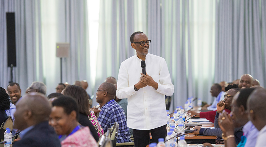 President Kagame addresses leaders at the 17th edition of the National Leadership Retreat at the Rwanda Defence Force Combat Training Centre in Gabiro, Gatsibo District where he tipped them on values and character. / Village Urugwiro