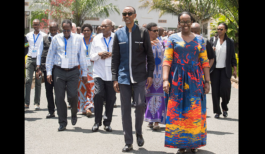 President Kagame and First Lady Jeanette Kagame with participants during the second day of the 17th National Leadership Retreat in Gabiro. 