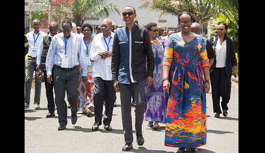 President Kagame and First Lady Jeanette Kagame with participants during the second day of the 17th National Leadership Retreat in Gabiro. 