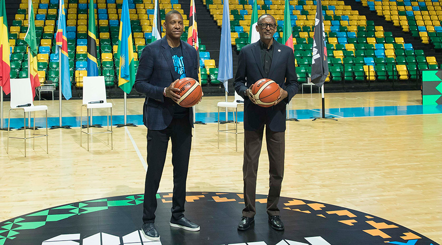 President Paul Kagame and Masai Ujiri, Founder of Giants of Africa and President of the NBAâ€™s Toronto Raptors during the launch of the Giants of Africa Festival at Kigali Arena on Friday, February 20. 