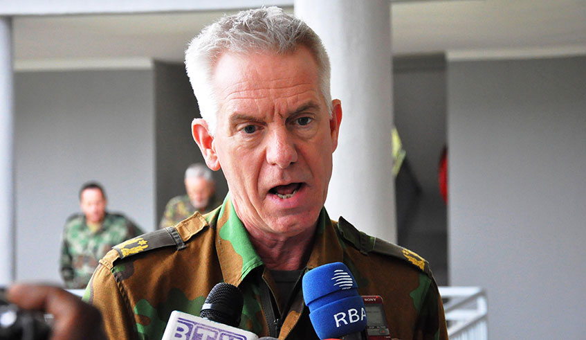 Brig Gen. Jan Blacquiere, the Chief of International Military Cooperation at the Ministry of Defence in the Netherlands, speaks to media at the Rwanda Peace Academy in Musanze District on Friday. / Courtesy.