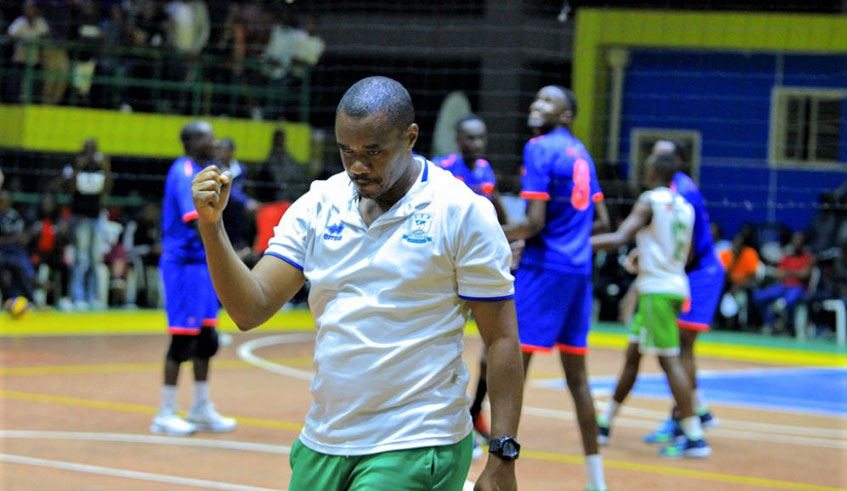 Fidele Nyirimana, the head coach of UTB menu2019s volleyball club. He is seen here during a league game against rivals REG at Amahoro Stadium last season. / File.