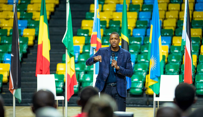 Masai Ujiri, the founder of u2018Giants of Africau2019 speaks during the launch of the Giants of Africa Festival 2020 at the Kigali Arena last week. / Emmanuel Kwizera