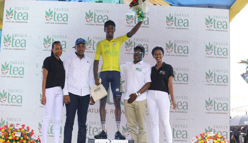 Biniam on the podium after managing well the stage three from Huye to Rusizi in distance of 142km. / Photo: Courtesy.