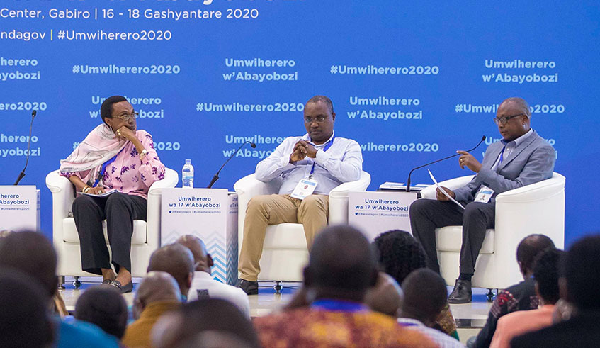 Auditor General Obadiah Biraro speaks during a panel discussion on corruption at the 17th National Leadership Retreat in Gabiro on February 18.  He was joined by Marie Immaculu00e9e Ingabire, the Chairperson of Transparency International Rwanda (left), and MP Jean Chrysostome Ngabitsinze, PAC Chairperson. Parliament wants government to urgently investigate possible abuse of public funds. / Photo: Village Urugwiro.  