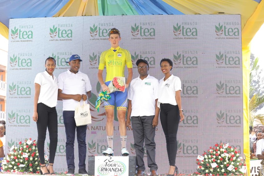 Samuel Mugisha (L), seen here with teammate Joseph Areruya before starting Stage 2 on Monday, has insisted that the Yellow Jersey is still within reach for Rwandan riders. / Courtesy.