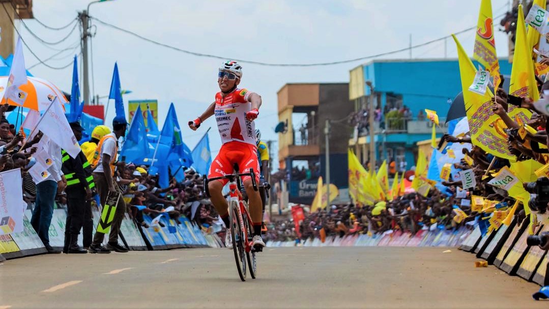 Colombia's Valencia Restrepo celebrates as he crossed the finish line to win Stage 3 of the Tour du Rwanda 2020 in Rusizi town on Tuesday afternoon. No Rwandan is among the top ten after three stages into this year's race. Photo: 