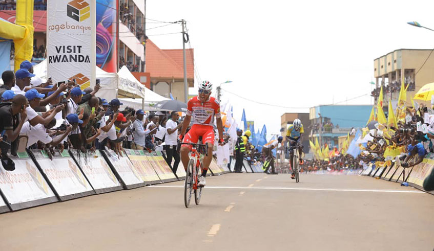 Moise Mugisha (second), seen here part of a breakaway group in Stage 4 on Wednesday, is making his third Tour du Rwanda appearance since the 2018 debut./  Photo: Courtesy.