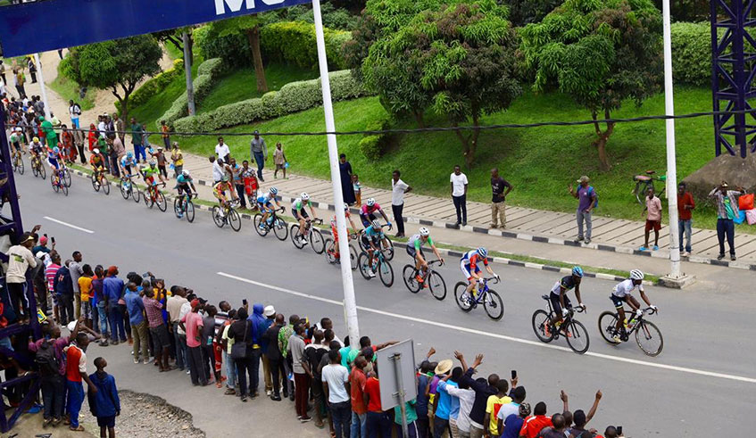 Moise Mugisha (second), seen here part of a breakaway group in Stage 4 on Wednesday, is making his third Tour du Rwanda appearance since the 2018 debut./  Photo: Courtesy.