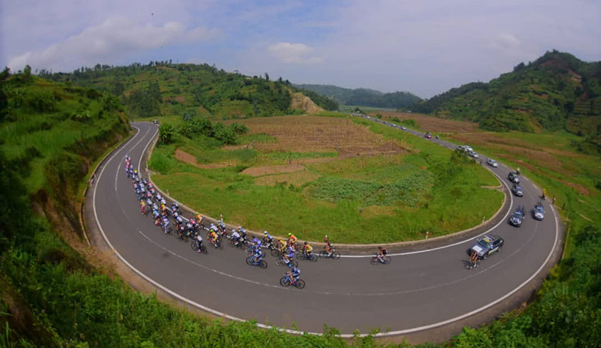 Moise Mugisha (second), seen here part of a breakaway group in Stage 4 on Wednesday, is making his third Tour du Rwanda appearance since the 2018 debut./  Photo: Courtesy.