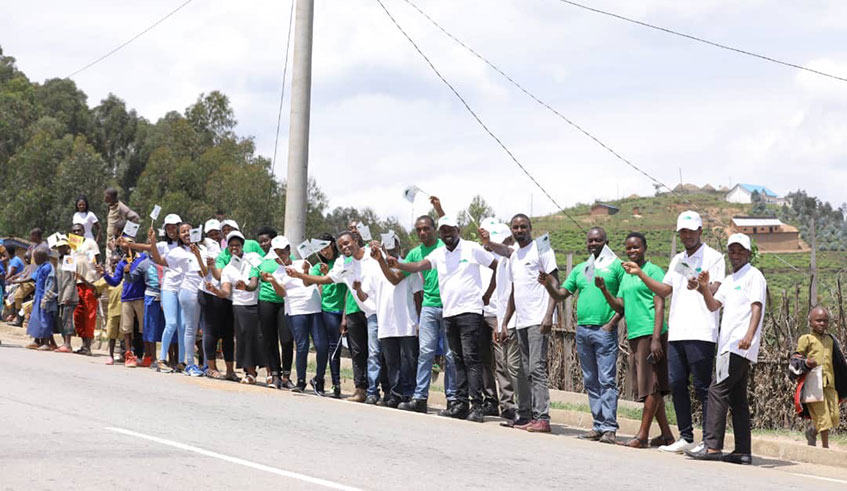 Moise Mugisha (second), seen here part of a breakaway group in Stage 4 on Wednesday, is making his third Tour du Rwanda appearance since the 2018 debut./  Photo: Courtesy.