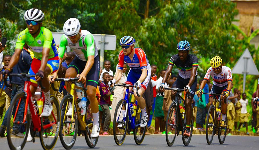 Moise Mugisha (second), seen here part of a breakaway group in Stage 4 on Wednesday, is making his third Tour du Rwanda appearance since the 2018 debut./  Photo: Courtesy.