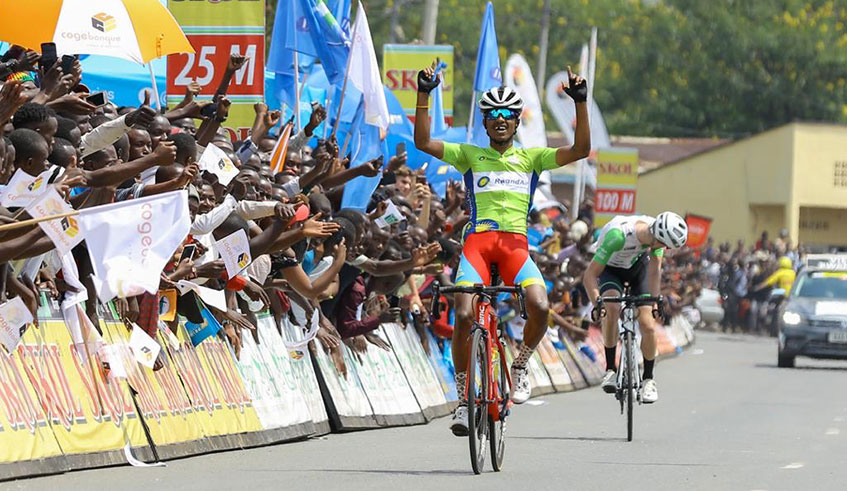 Moise Mugisha (second), seen here part of a breakaway group in Stage 4 on Wednesday, is making his third Tour du Rwanda appearance since the 2018 debut./  Photo: Courtesy.