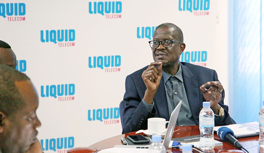 Sam Nkusi, the Chairman of Liquid Telecom East Africa addresses the media on Wednesday, February 26. / Craish Bahizi.