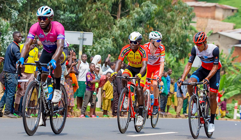 Moise Mugisha (second), seen here part of a breakaway group in Stage 4 on Wednesday, is making his third Tour du Rwanda appearance since the 2018 debut./  Photo: Courtesy.