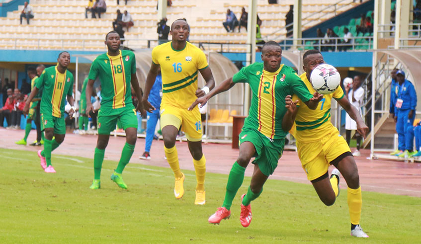 Amavubi striker Lague Byiringiro vies for the ball with Congo defender during a friendly match at Amahoro National Stadium yesterday. / Sam Ngendahimana.