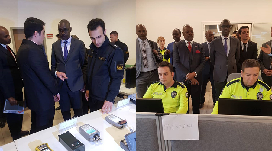LEFT: IGP Dan Munyuza visiting the Forensic Laboratory Department of Turkey National Police. RIGHT: IGP Dan Munyuza and Rwanda's Ambassador to Turkey, William Nkurunziza (L) at the Traffic Management Department. 
