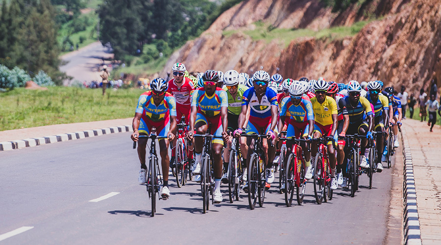Natnael Tesfazion (in yellow) was well-guarded in the peloton by his Eritrean compatriots during Stage 8 on Sunday, having started the day with a 1:30 second lead over the closest challenger Moise Mugisha who finished second. Swiss rider Patrick Schelling completed the podium. 