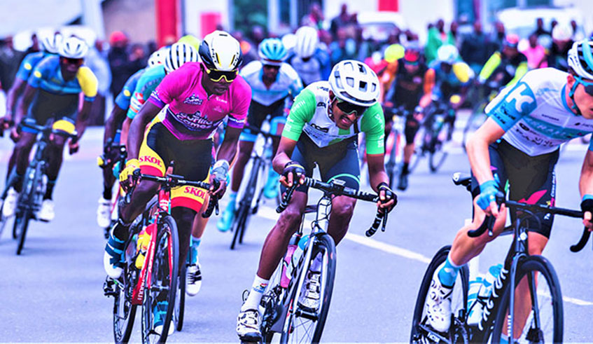 Moise Mugisha (third, in purple) made his Tour du Rwanda debut in 2018 when he finished 10th before dropping 40th position last year. However, the 22-year- old bounced back against the odds to finish second this year. / File.