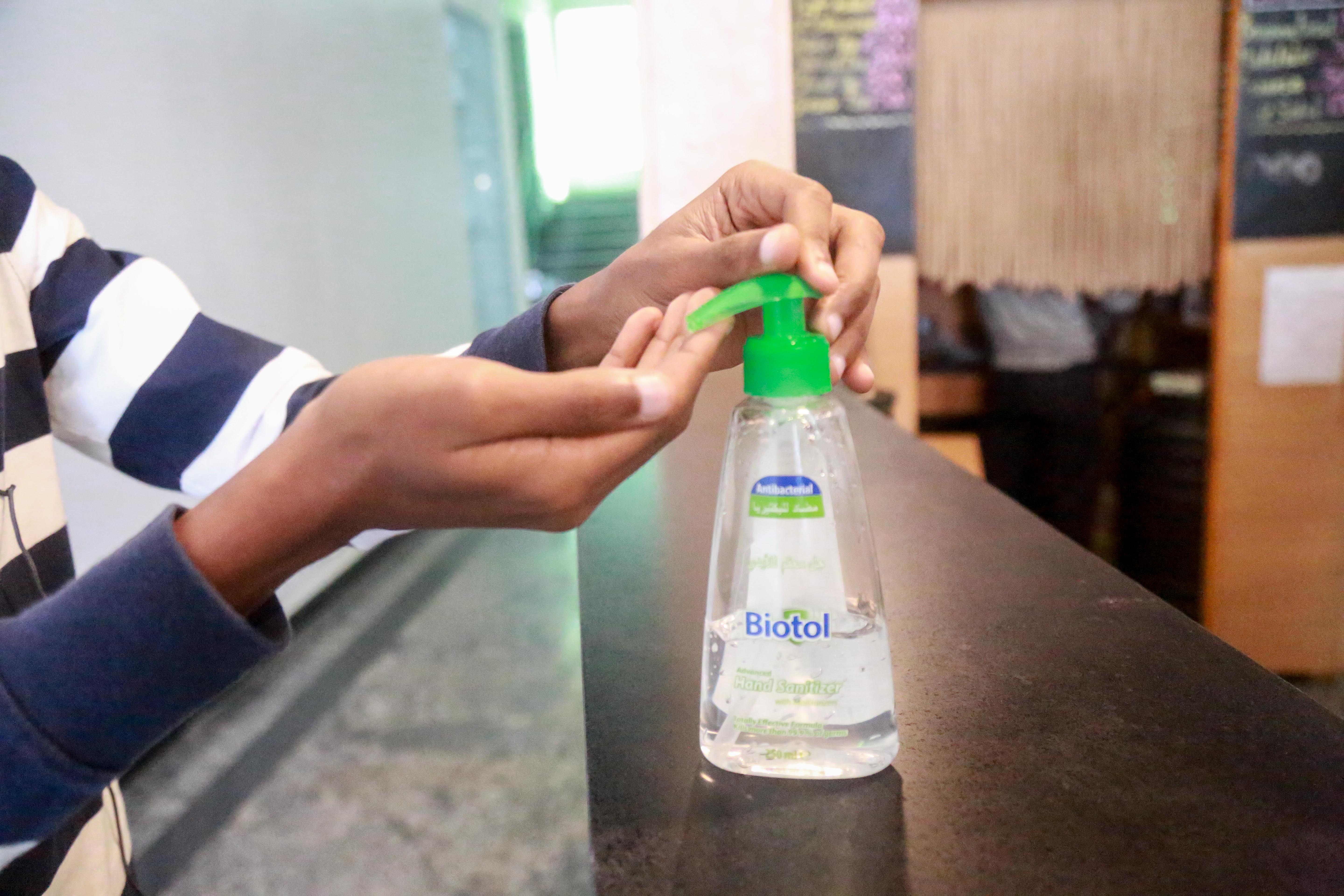 Hand sanitiser used at the entrance of an office building in Kigali as a measure to avoid COVID-19. 