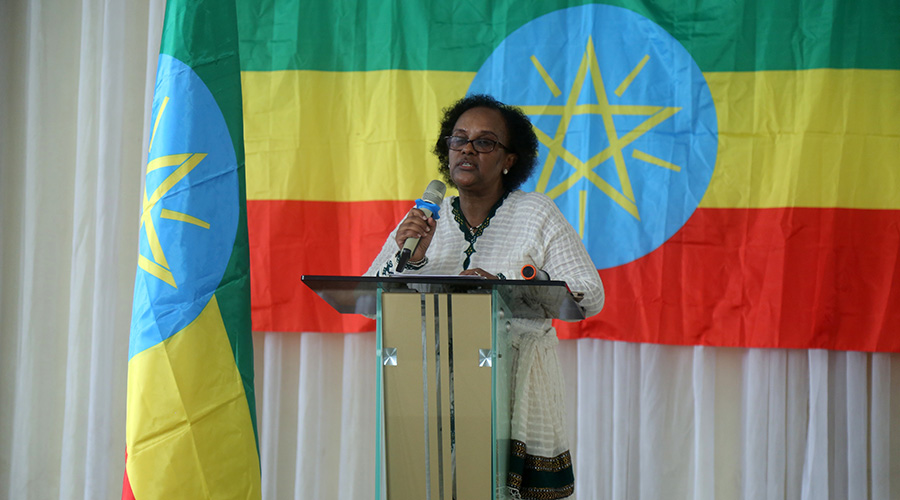 Lulit Zewdie, the Ethiopian Ambassador to Rwanda speaks during celebrations to mark Ethiopia Day in Kigali on Saturday. / Craish Bahizi
