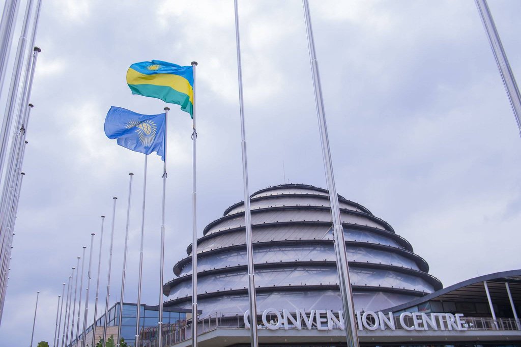 The flags of Rwanda and Commonwealth raised at Kigali Convention Centre, on Monday, which will host the opening ceremony of CHOGM 2020 in June. /Courtesy
