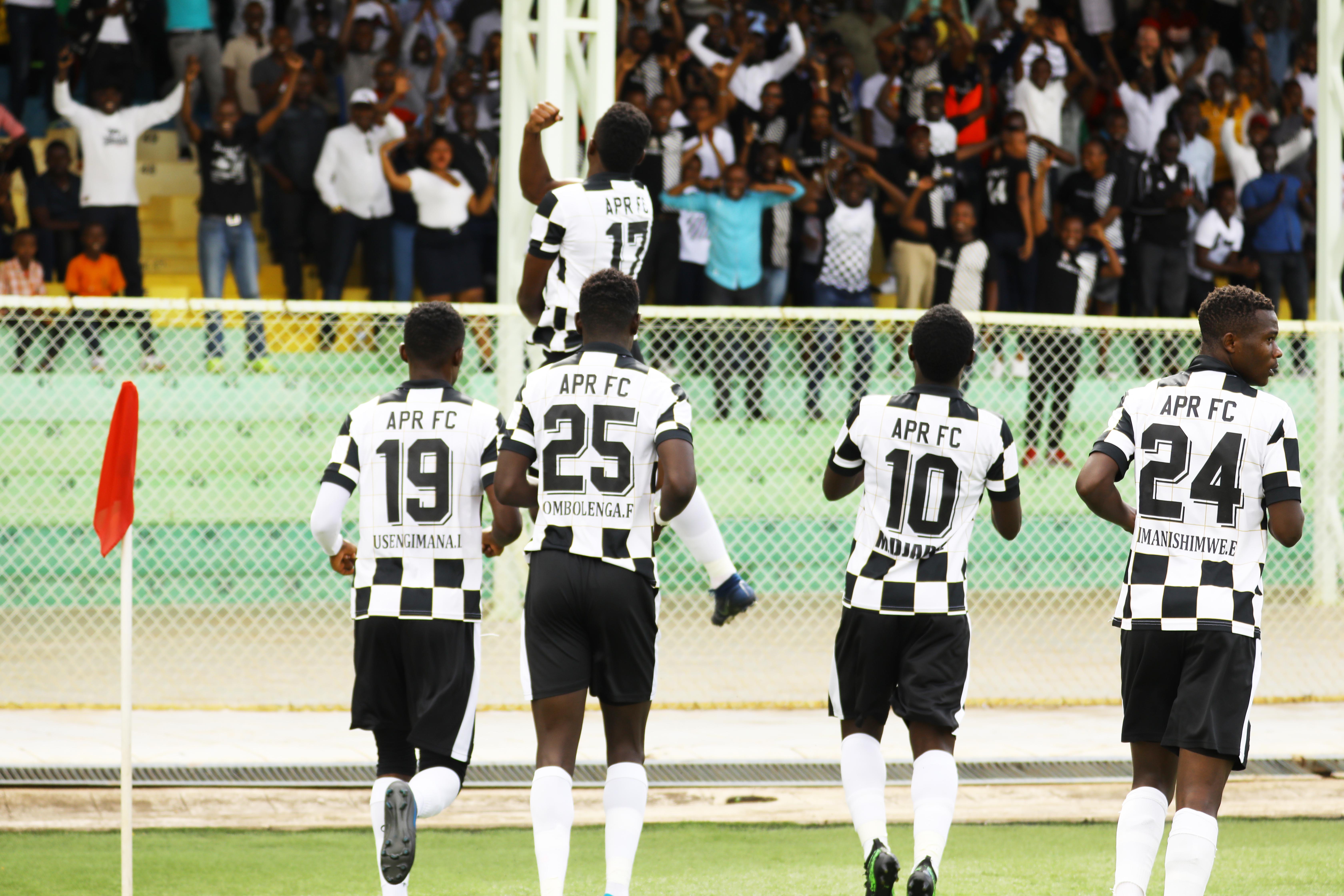APR FC striker Innocent Nshuti (right) celebrates his lone goal during the league match against SC Kiyovu at Kigali Stadium yesterday. / Sam Ngendahimana.