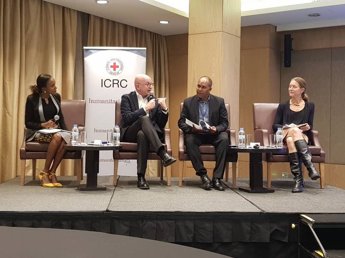 Yves Daccord (2nd left), the Director General of ICRC  Arifur Rahman (middle), the Manager for Livelihoods and Economic Inclusion at UNHCR Rwanda and Leslie Marbri (right) from USAID discussing about humanitarian development nexus. Courtesy 