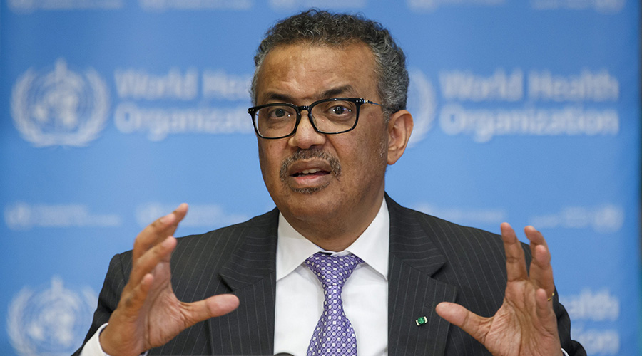 World Health Organization (WHO) Director-General Tedros Adhanom Ghebreyesus speaks at a press conference in Geneva, Switzerland, on March 11, 2020. The WHO said on Wednesday that the COVID-19 outbreak can be characterized as a u201cpandemicu201d as the virus spreads increasingly worldwide. 