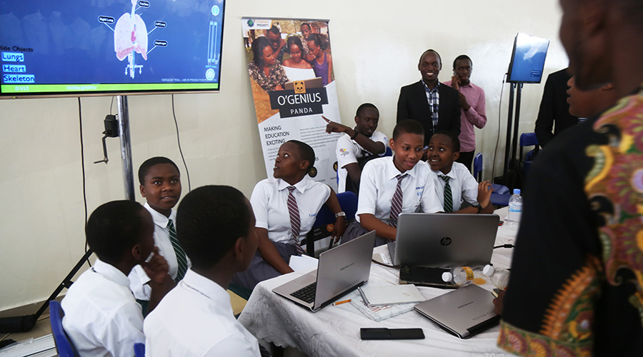 Students during the launch of TEST program (Tech Enabled STEM Teaching) at FAWE Girls school in Kigali last month. 