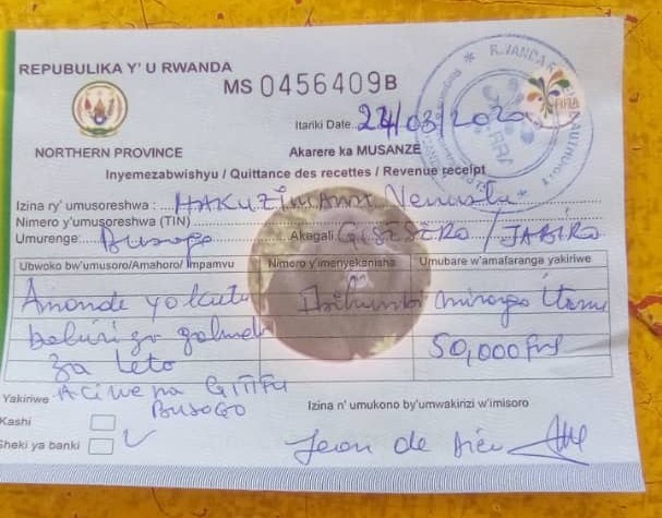 A receipt given to the Busogo-based businessman who was fined after his bar was found open during the ongoing lockdown. Courtesy