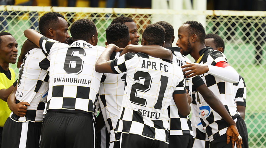 APR FC players celebrate a goal during the league match against SC Kiyovu at Kigali Stadium. 