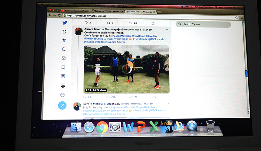 A screenshot of Mimosa Munyangaju,the Sports Minister tweeter handle sharing her message to sports community to Stay Home. / Sam Ngendahimana.