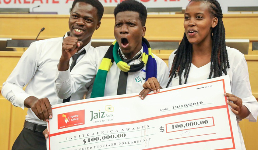 From left to right_Benedict Okolie,Moses Katana and Aline Nishimwe during Ignite Africa  awards ceremony in Addis Ababa_The group was awarded 100,000 USD for their animal feed project. / Courtesy.