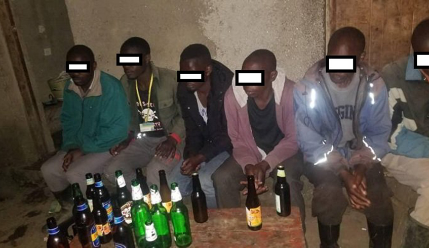 Six persons who were were red-handed while sharing beer in a bar from Jenda Sector in Nyabihu District. Government ordered to close all bars countrywide to contain the spread of COVID19. / Courtesy