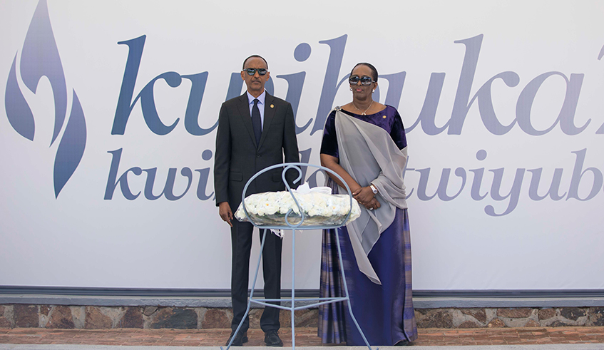 President Paul Kagame and First Lady Jeannette Kagame pay respect to the victims of the 1994 Genocide against the Tutsi at the Kigali Genocide Memorial yesterday. Kagame said that COVID-19 would not stand in the way of Rwanda commemorating the victims of the 1994 Genocide against the Tutsi. / Photo: Village Urugwiro.