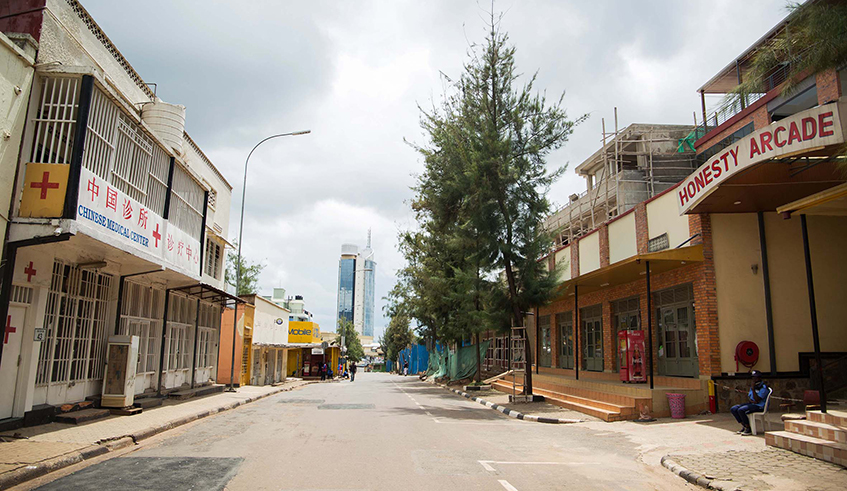 Commercial buildings during the ongoing lockdown in Kigaliu2019s Central Business District. The coronavirus pandemic has led to the shutdown of many economic activities in the country. / Photo: Craish Craish Bahizi.