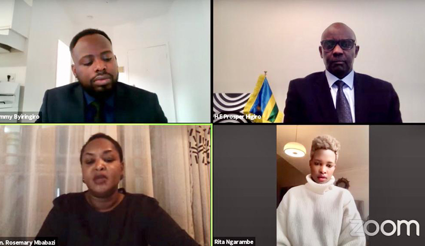 Screen grabs of some of the participates. Minister Rosemary Mbabazi (3rd), Rwandau2019s High Commissioner to Canada Prosper Higiro, and moderators Remy Byiringiro and Rita Ngarambe (1st and 4th). / Courtesy.