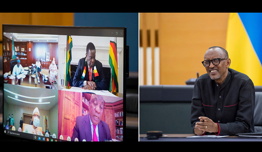 President Kagame and other leaders during the Heads of State meeting held on Wednesday by videoconference. Kagame said that the COVID-19 pandemic should not let Africans lose sight on the AfCFTA which is set to be operationalised in July this year. 