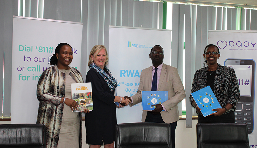  (L-R) RDB CEO, Clare Akamanzi, Tracey McNeill, Vice President of Global Clinical Governance at Babylon Health, RSSB Deputy DG, Dr. Solange Hakiba and Minister of Health, Dr. Daniel Ngamije after signing the MoU in March 2020. / Courtesy.