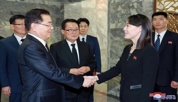 Kim Jong Un's sister Kim Yo Jong, who may be in line to replace her ailing brother, shakes hands with South Korean presidential national security director Chung Eui-Yong, June 12, 2019. 